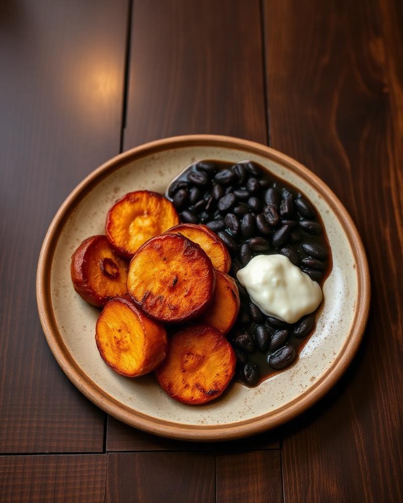Plátanos with black beans and crema
