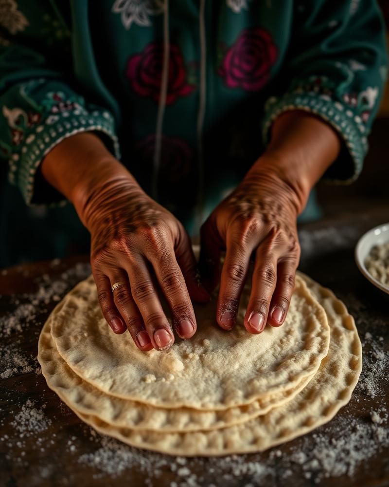 Hands shaping fresh corn tortillas